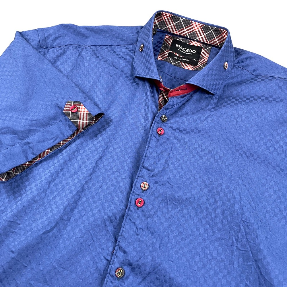 Maceoo Mens Button Up Shirt Blue Checkered Italian Fabric Short Sleeve 5 XL Slim